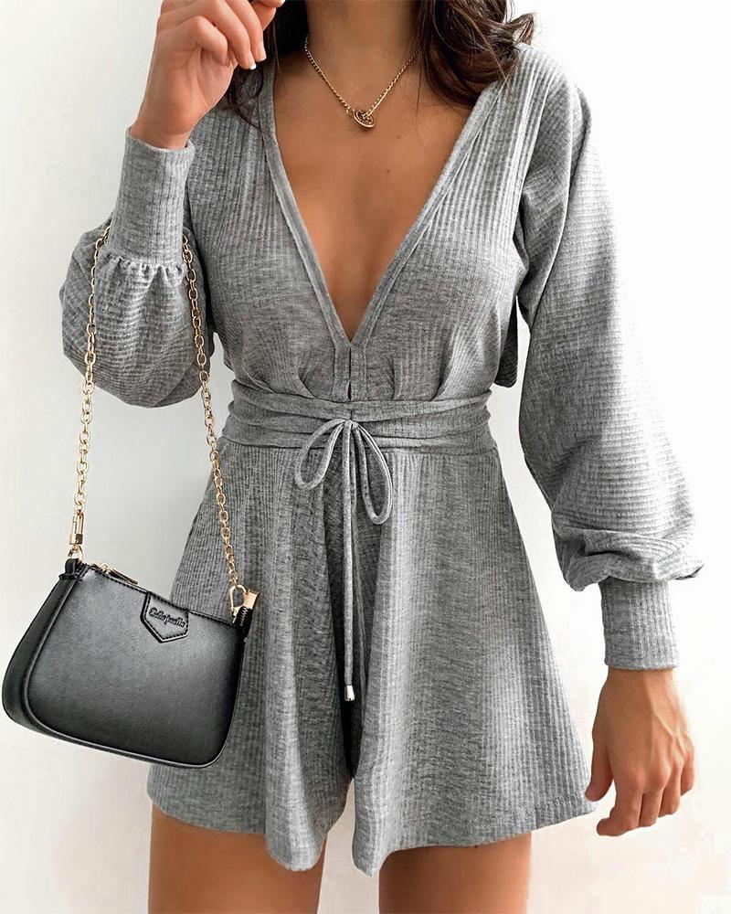 

Solid Deep V Neck Lantern Sleeve Tied Waist Romper, Gray
