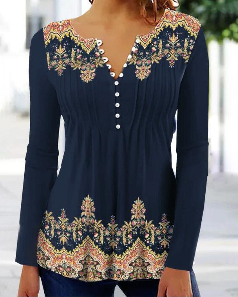 

Tribal Print Button Detail Long Sleeve Top, Blue