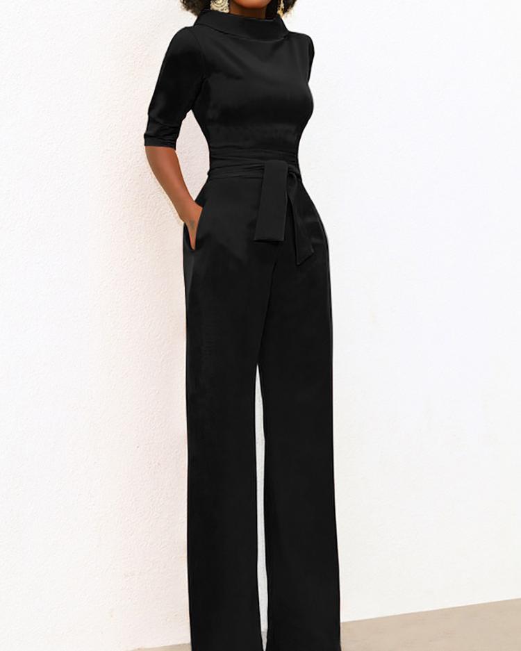 

Solid Self Belted Wide Leg Jumpsuits, Black