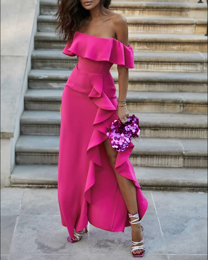 

Off Shoulder Ruffle Hem High Slit Party Dress, Hot pink