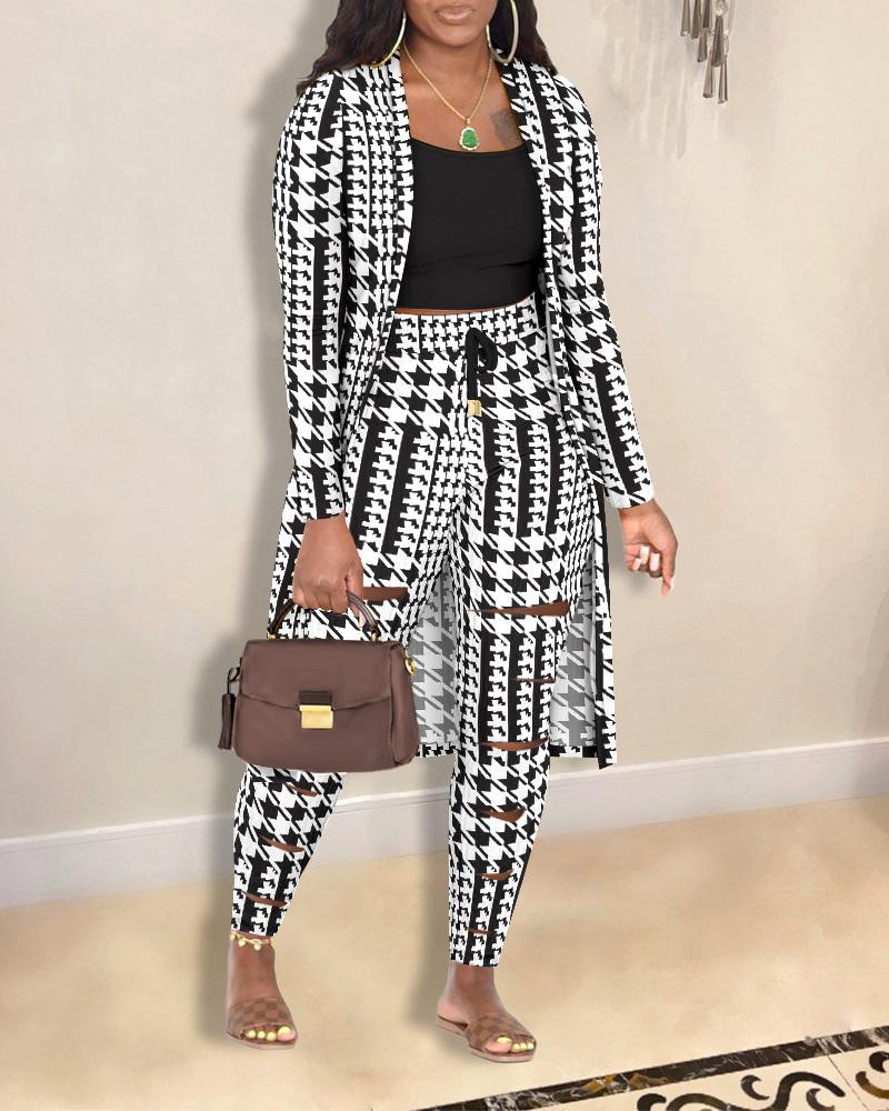 

3PCS Houndstooth Print Cami Top & Cutout Pants Set With Coat, Blackwhite