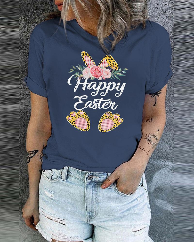 

Happy Easter Bunny Print T-shirt Holiday Graphic Tee, Blue