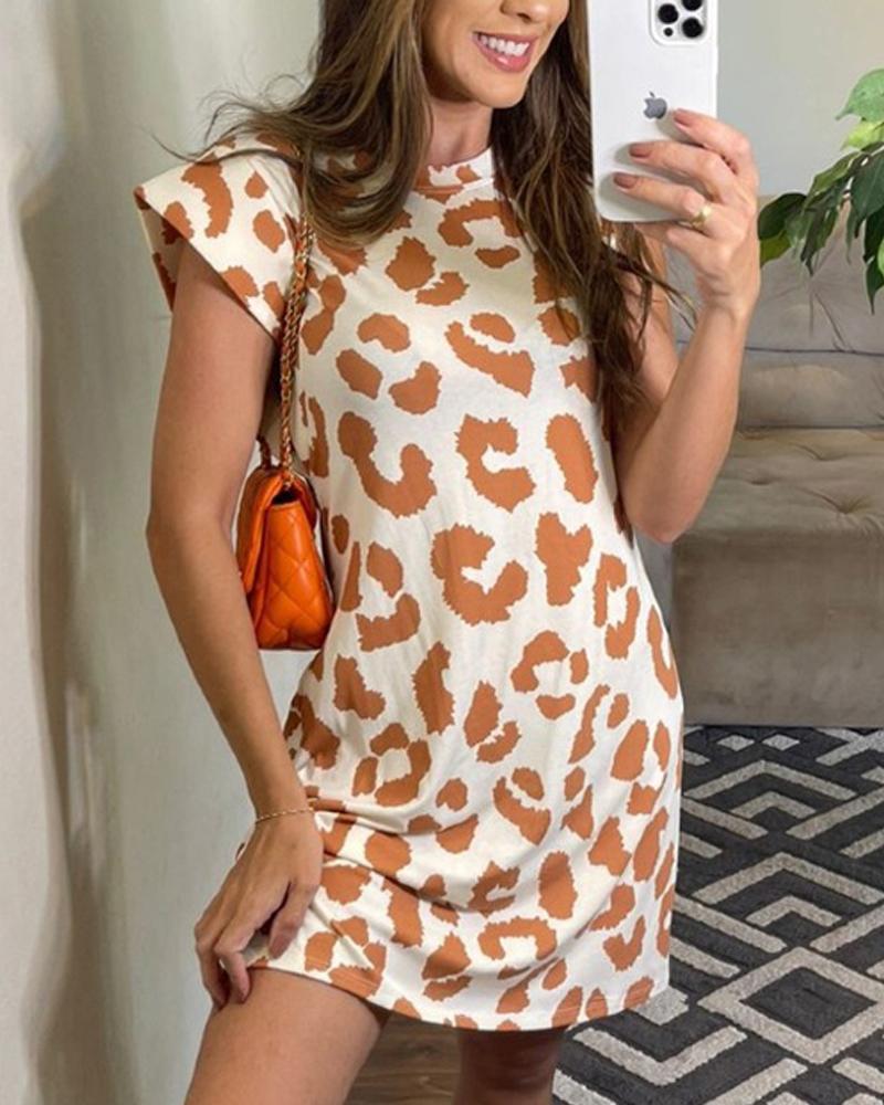

Leopard Print Cap Sleeve Mini Dress, Khaki
