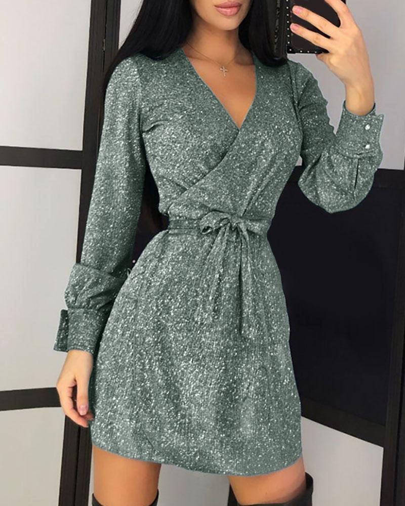 

Glitter Wrap Long Sleeve Dress, Dark blue