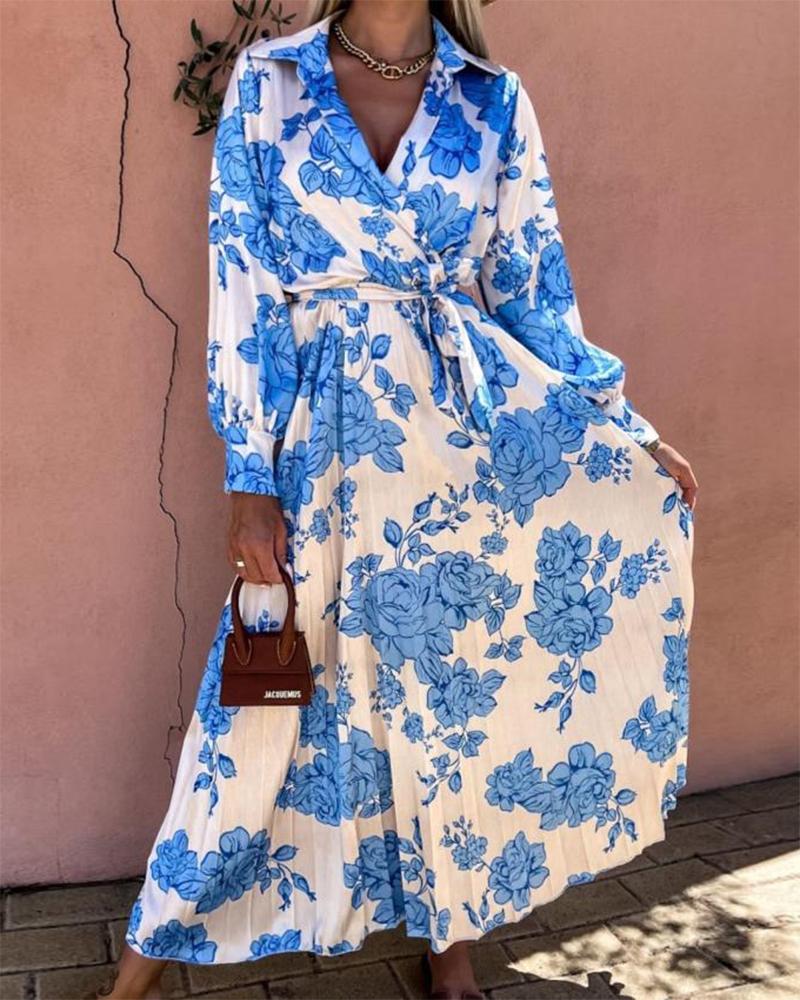 

Floral Print Pleated Design Belted Wrap Shirt Dress, Blue