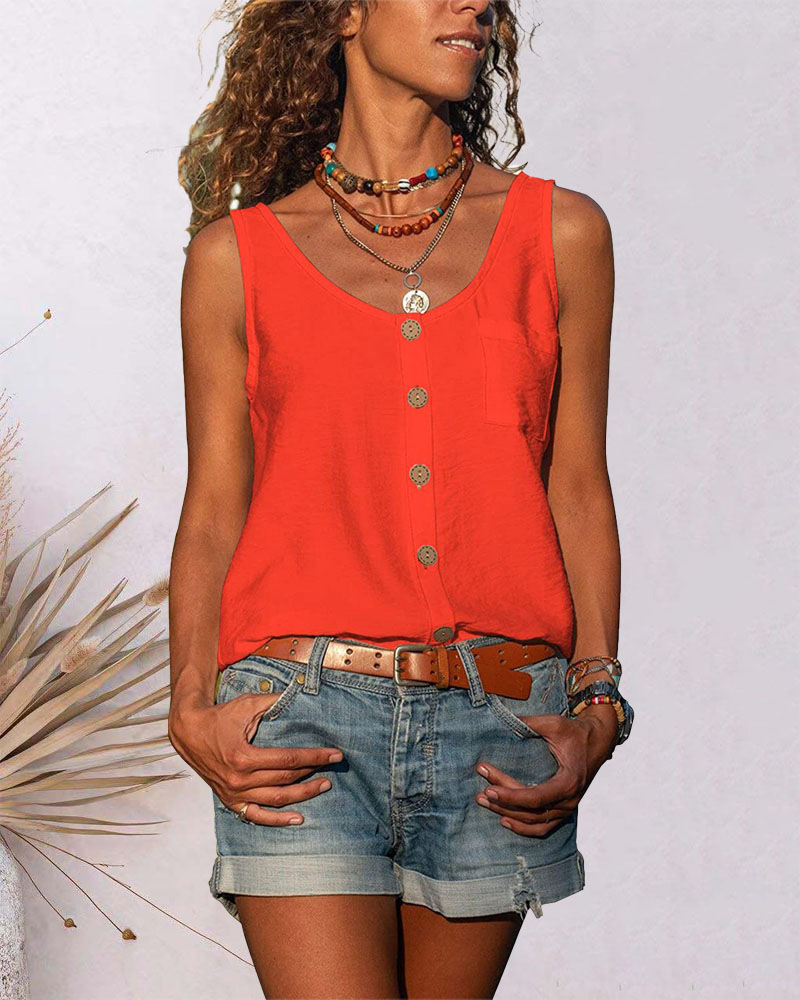 

Pocket Button Decor Casual Tank Top, Orange