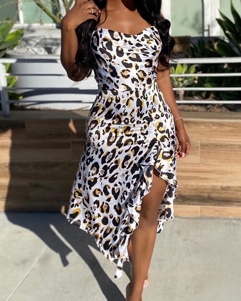 

Spaghetti Strap Slit Leopard Print Dress