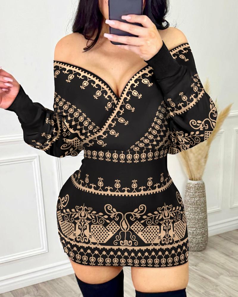 

Tribal Print Batwing Sleeve Bodycon Dress, Black