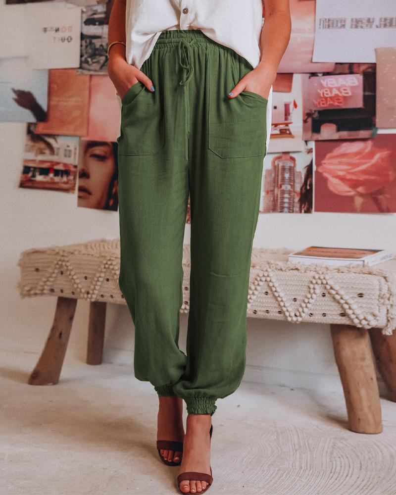 

Pocket Detail Drawstring Casual Cuffed Pants, Army green