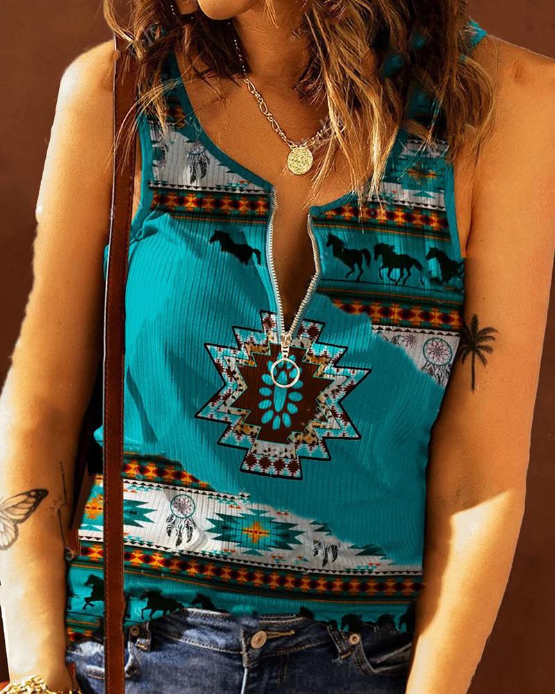 

Aztec Geometric Print Zipper Front Tank Summer Beach Casual Vest Top, Green