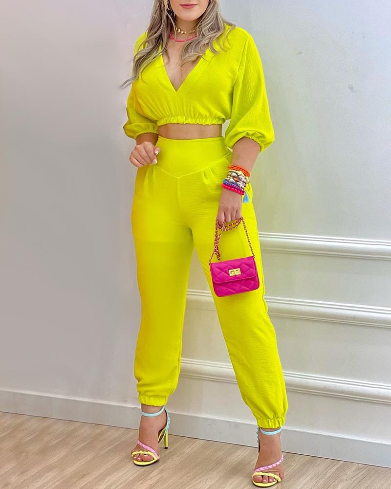 

V-Neck Lantern Sleeve Crop Top & Cuffed Pants Set, Yellow