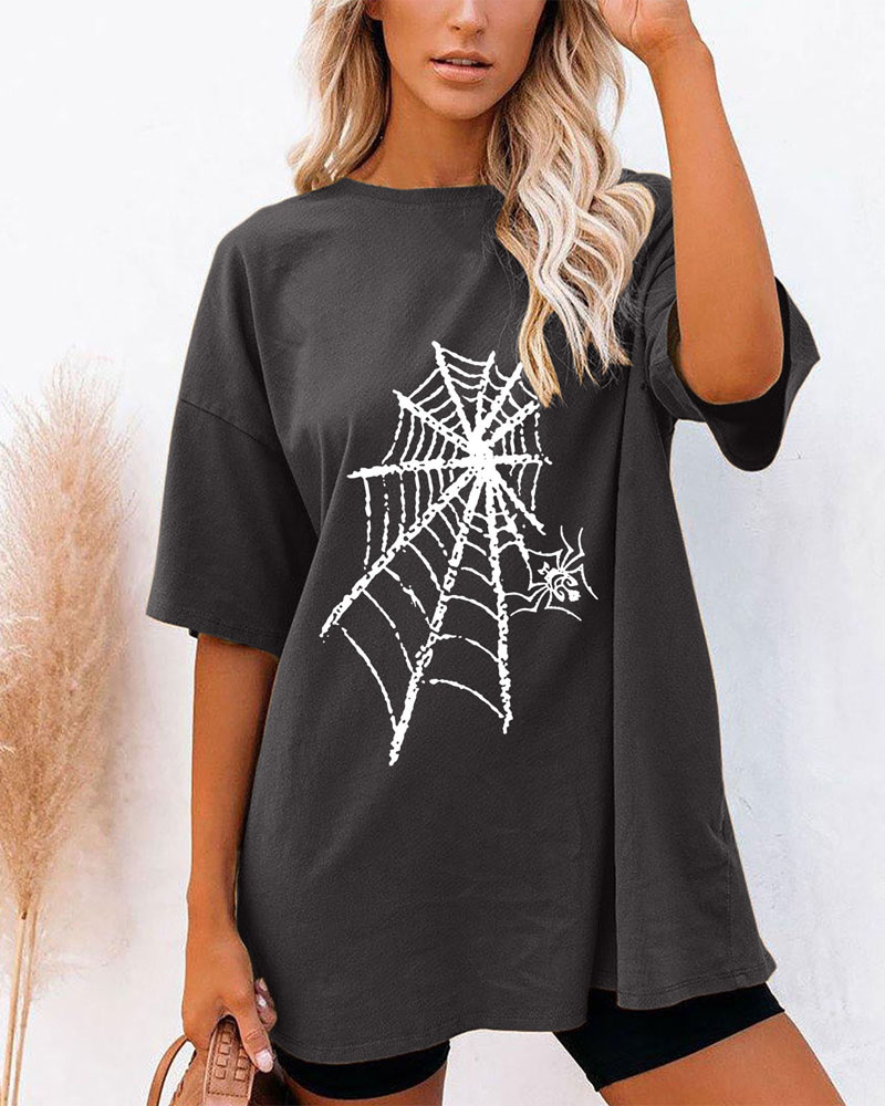 

Halloween Graphic Tee Cobweb Print Casual T-shirt Oversized Graphic Tee, Dark grey