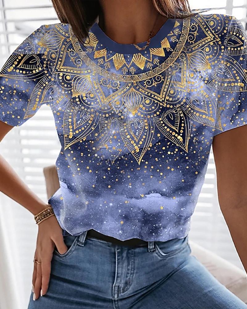 

Graphic Tie Dye Print Round Neck Tops Basic T-shirt, Purple