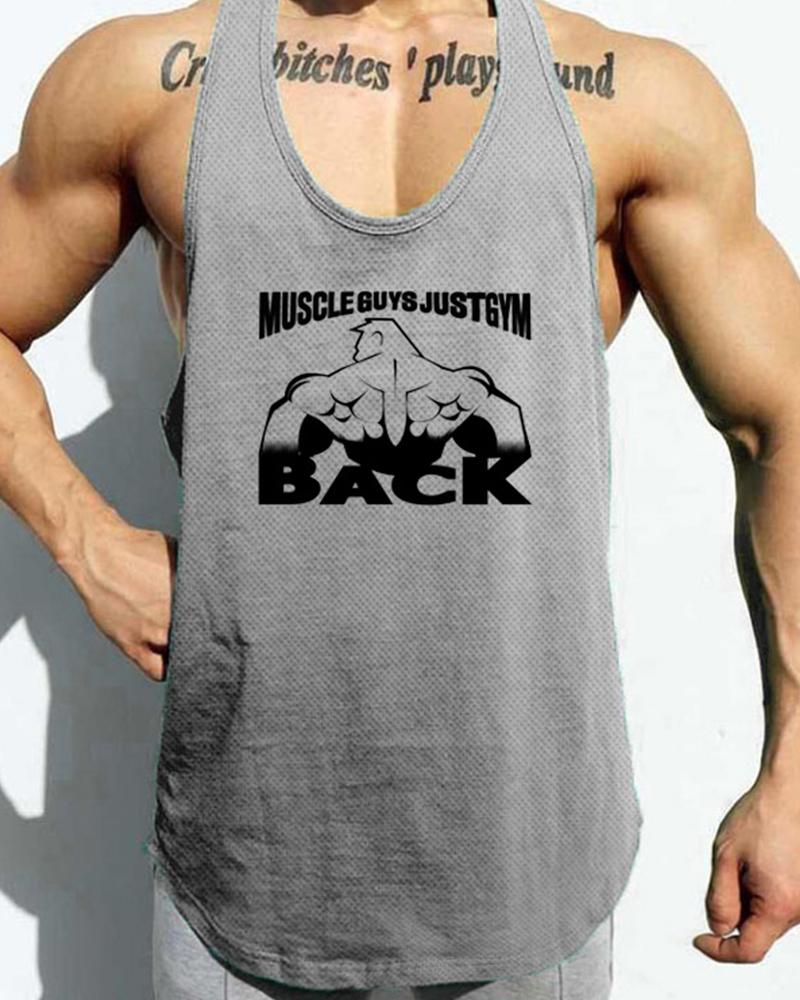 

Cartoon & Letter Print Sleeveless Sport Tank, Gray