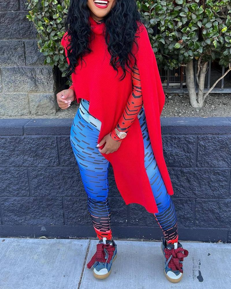 

Turtleneck Split Sleeve Asymmetrical Sweater, Red