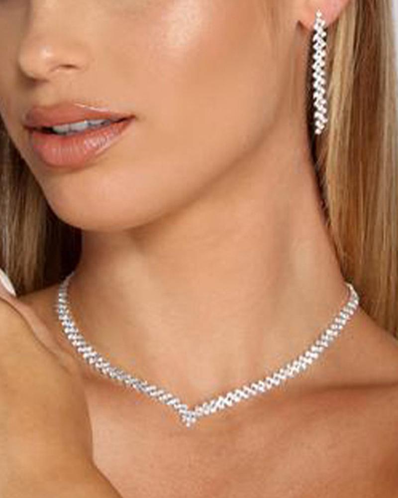 

2pcs Argyle Rhinestone Tassel Earrings & Chain Necklace Wedding Engagement Jewelry Set, Silver