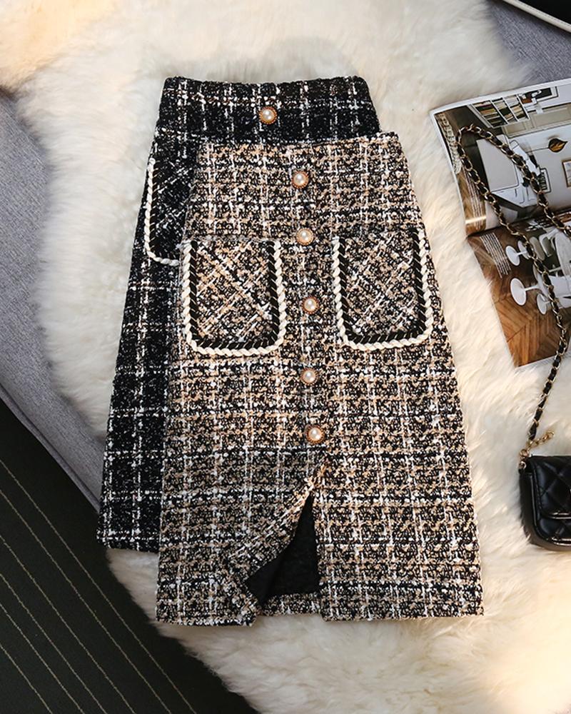 

Tweed Slit Pocket Design Zipper Design Skirt, Coffee