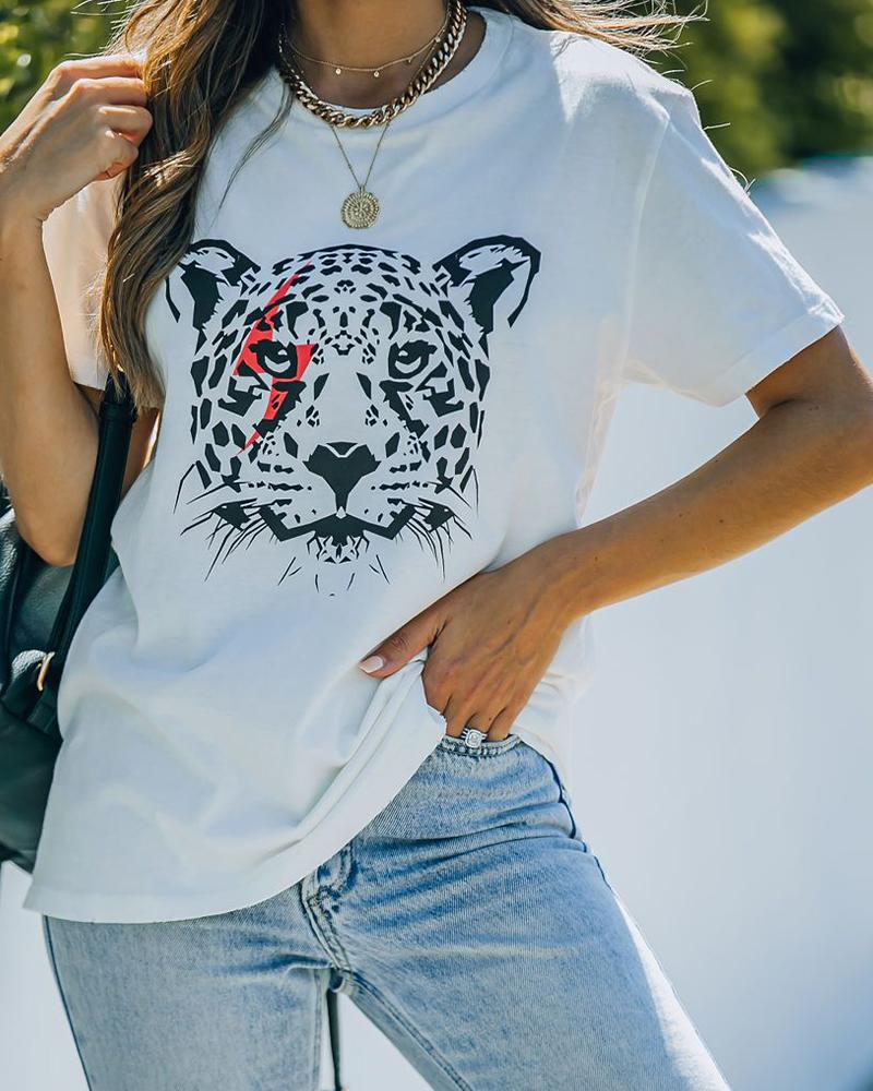

Leopard Print Short Sleeve Loose T-shirt, White
