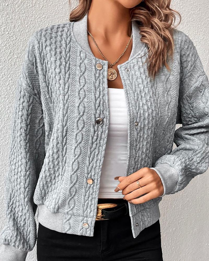 

Baseball Collar Buttoned Cable Textured Jacket, Gray