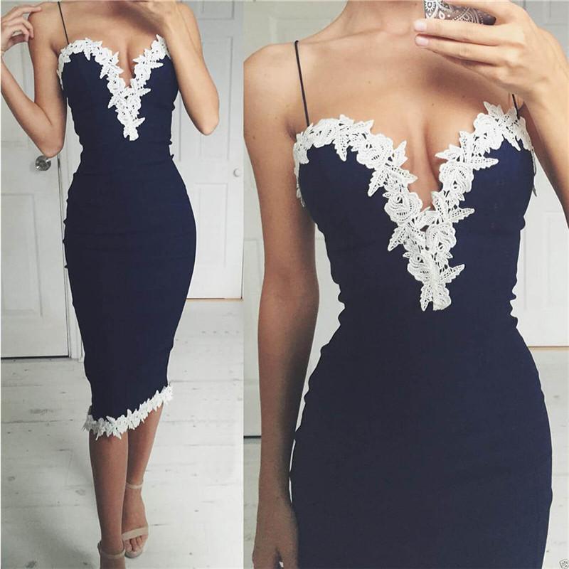 

New Fashion Women' Sexy Dress Lace Harness Dress Deep V-neck Sleeveless, Dark blue