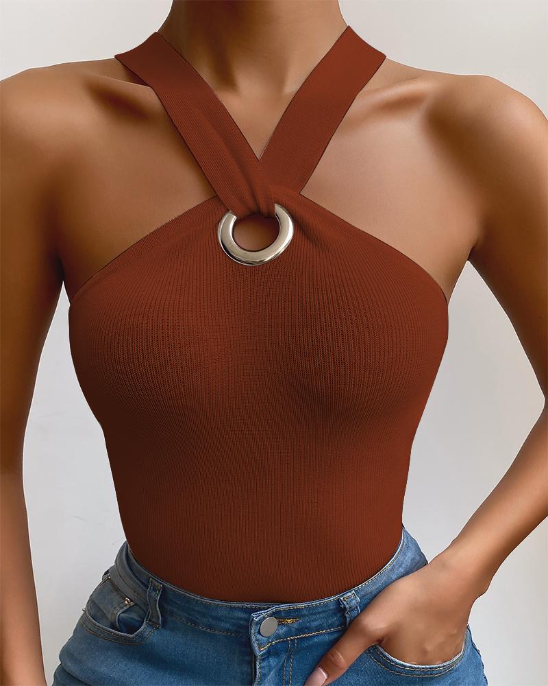 

O-Ring Cold Shoulder Knit Basic Top, Red
