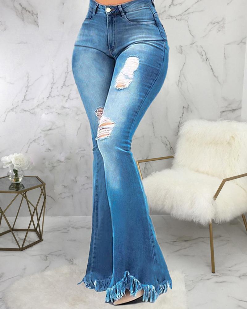 

Buttoned Fringe Hem Ripped Cutout Bootcut Jeans, Blue