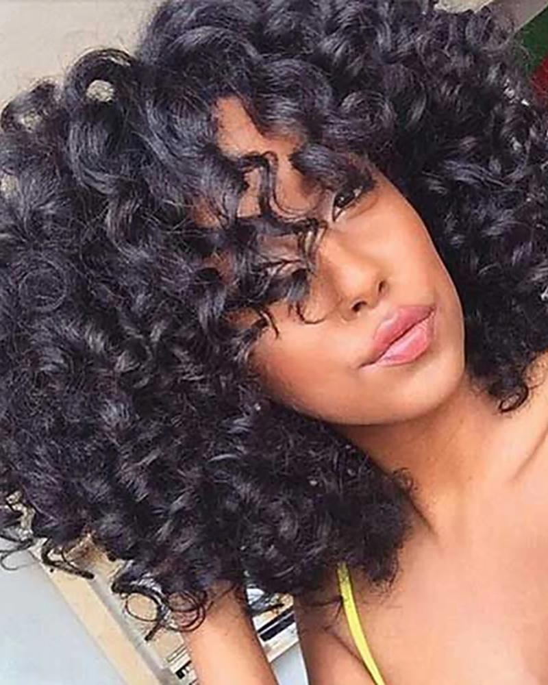 

Glueless Lace Front Wig Bob Curly Natural Human Hair Wig 100% Virgin Unprocessed, Black