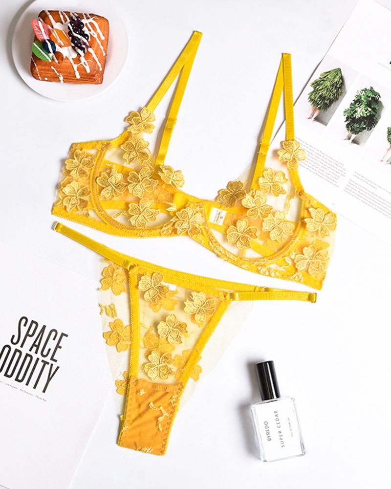 

See-through Sexy Splicing Embroidery Bra Sets, Orange