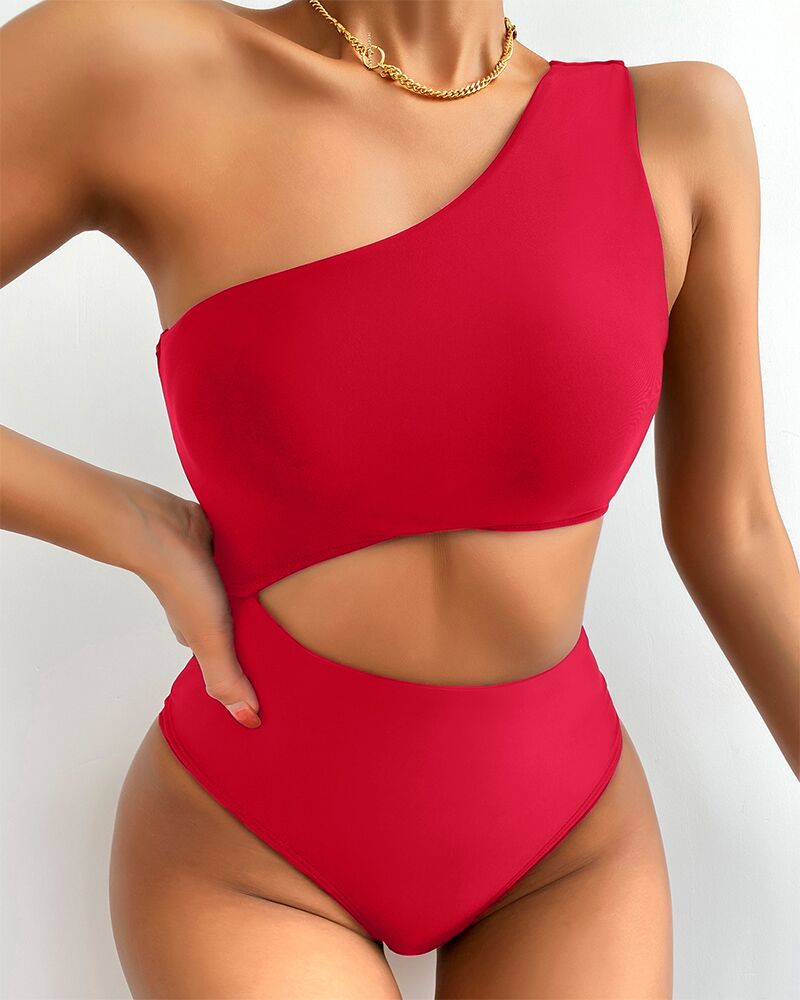 

One Shoulder Cutout One Piece Swimsuit, Red