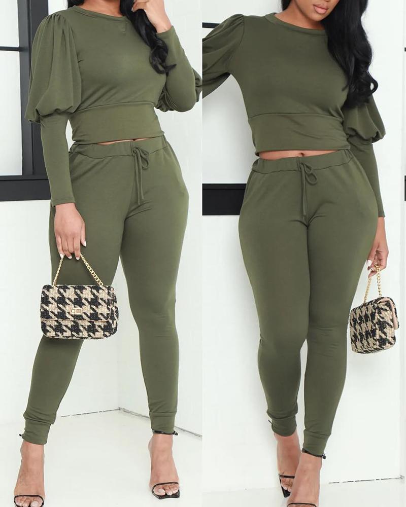 

Puff Sleeve Top & High Waist Pants Set, Army green