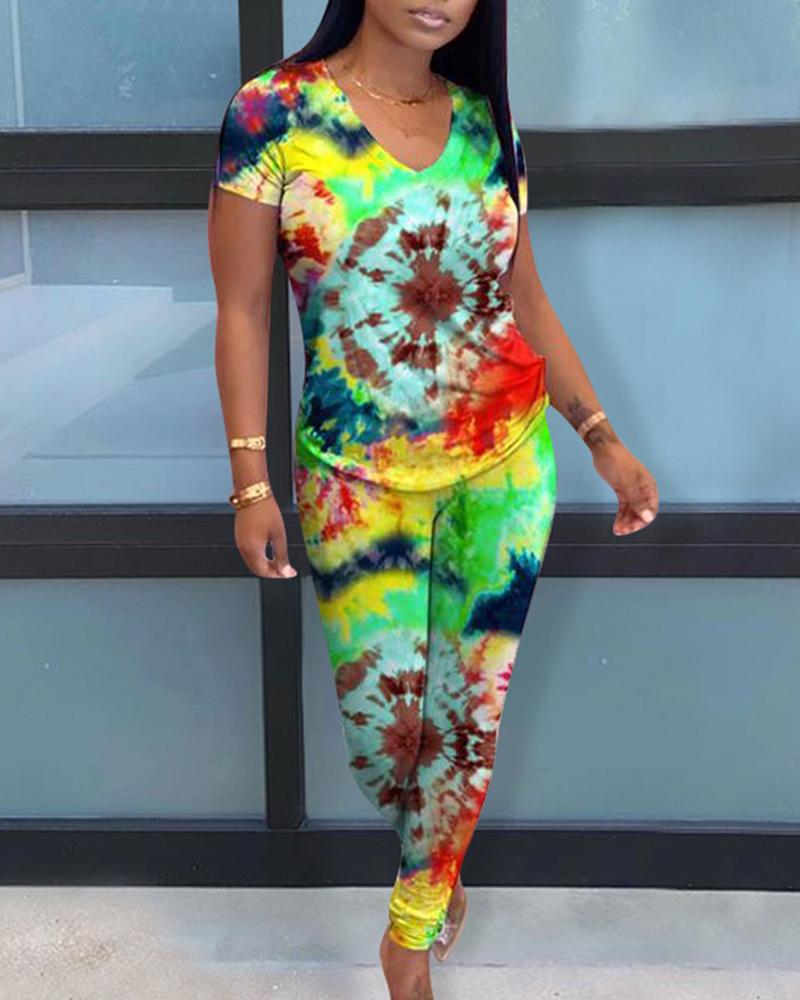 Conjunto de pantalón y top con cuello en V con estampado Tie Dye