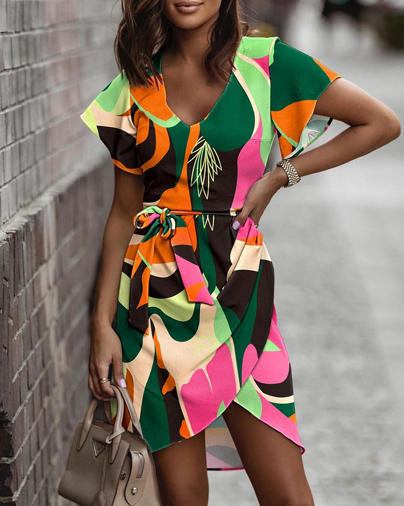 

Short Sleeve V-Neck Belted Abstract Print Dress, Multicolor