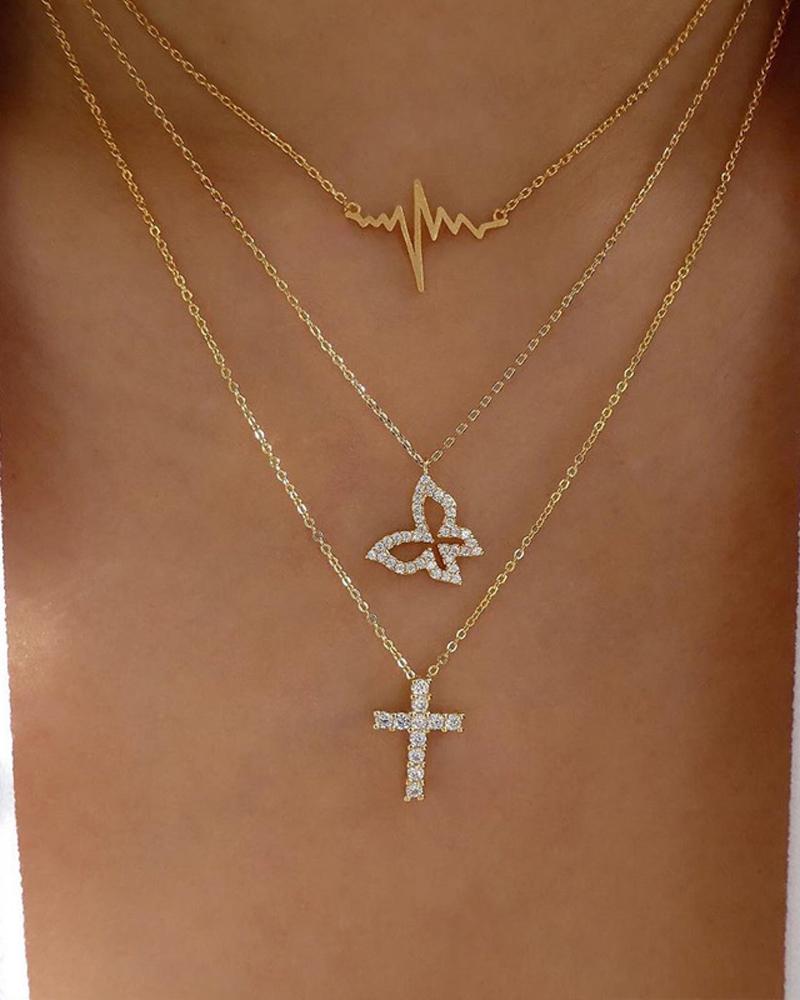

Rhinestone Butterfly & Cross Pendant Layered Necklace, Gold