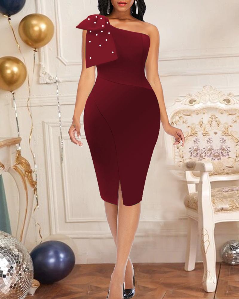 

Beaded Bowknot Decor One Shoulder Slit Party Dress, Wine red