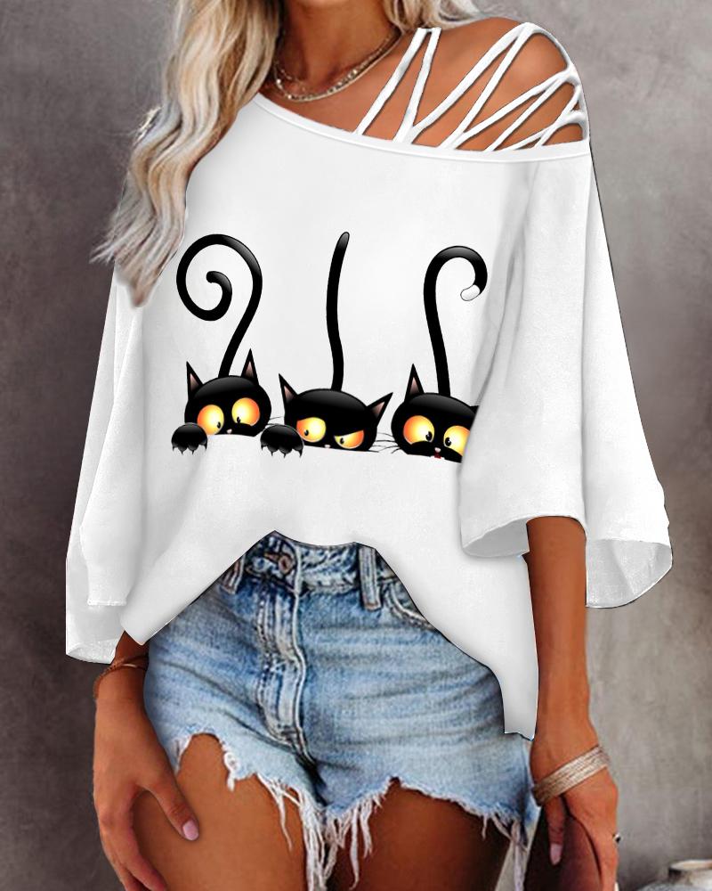 

Halloween Cat Print Cold Shoulder Bell Sleeve Top, White