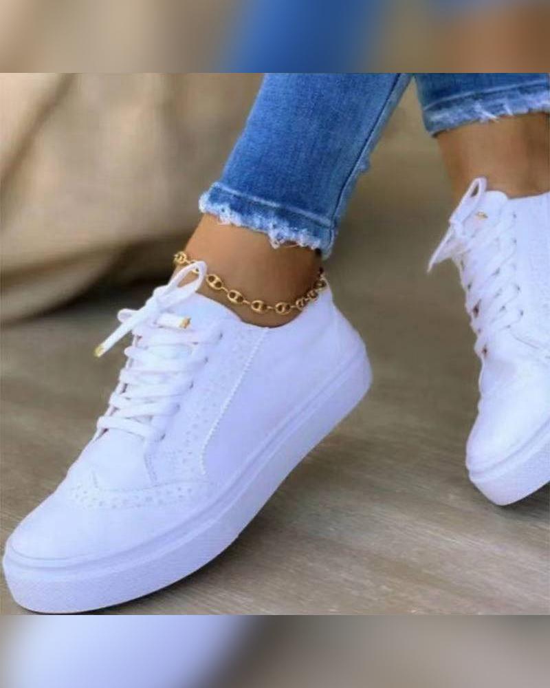 

Round-toe Solid Color Lace-up Suede Sneakers, White