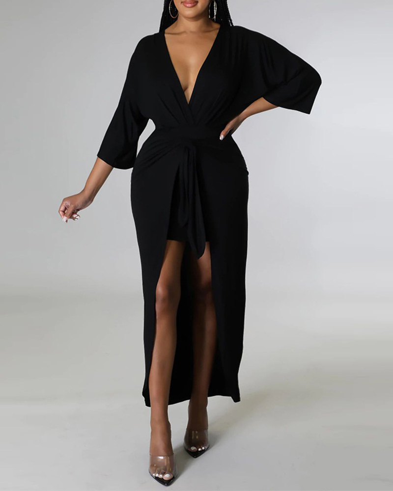 

V-Neck Tied Detail Asymmetrical Casual Dress, Black