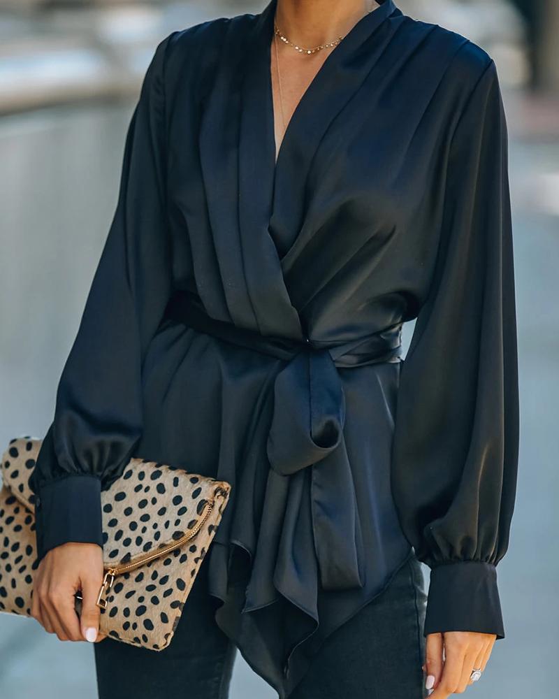 

Plain Plunge Wrap Long Sleeve Top With Belt, Black
