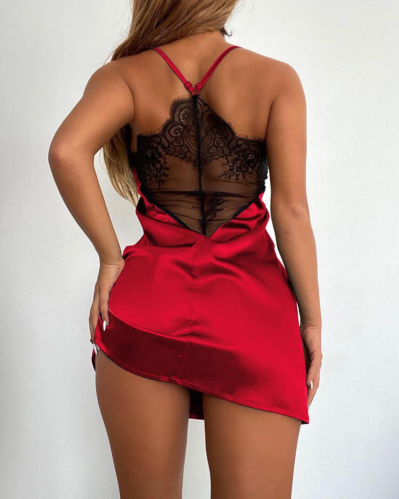 

Eyelash Lace Sheer Mesh Satin Babydoll, Red