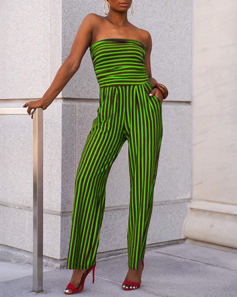 

Striped Print Sleeveless Tube Jumpsuit, Green