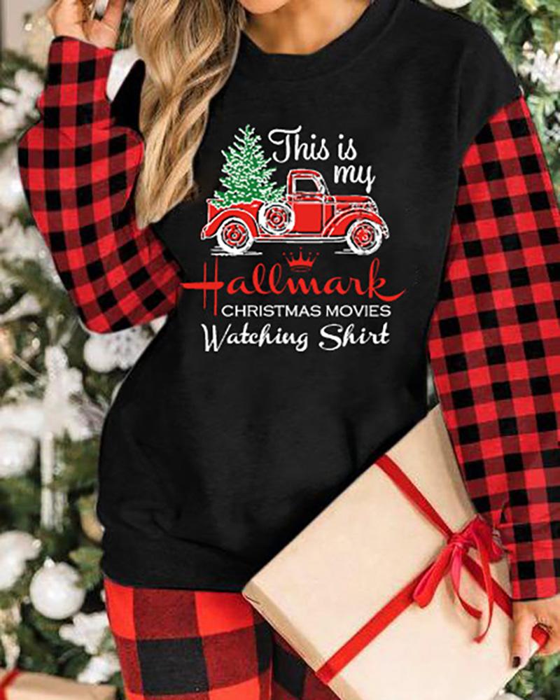 

Christmas O-Neck Plaid Letter Car Tree Print Sweatshirt, Red
