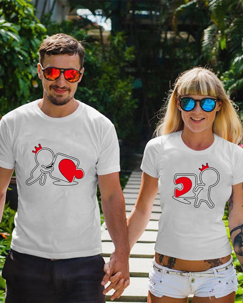

Valentine' Day Cartoon Heart Print T-shirt For Women, White