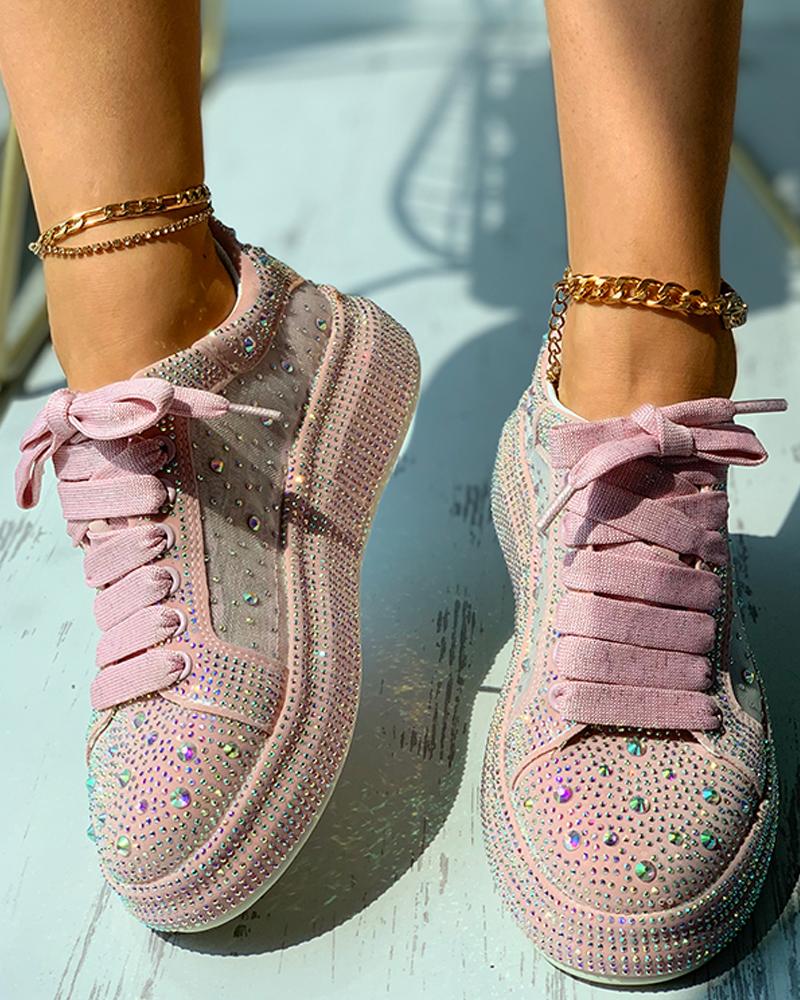 

Rhinestone Decor Eyelet Lace-up Sneaker, Pink