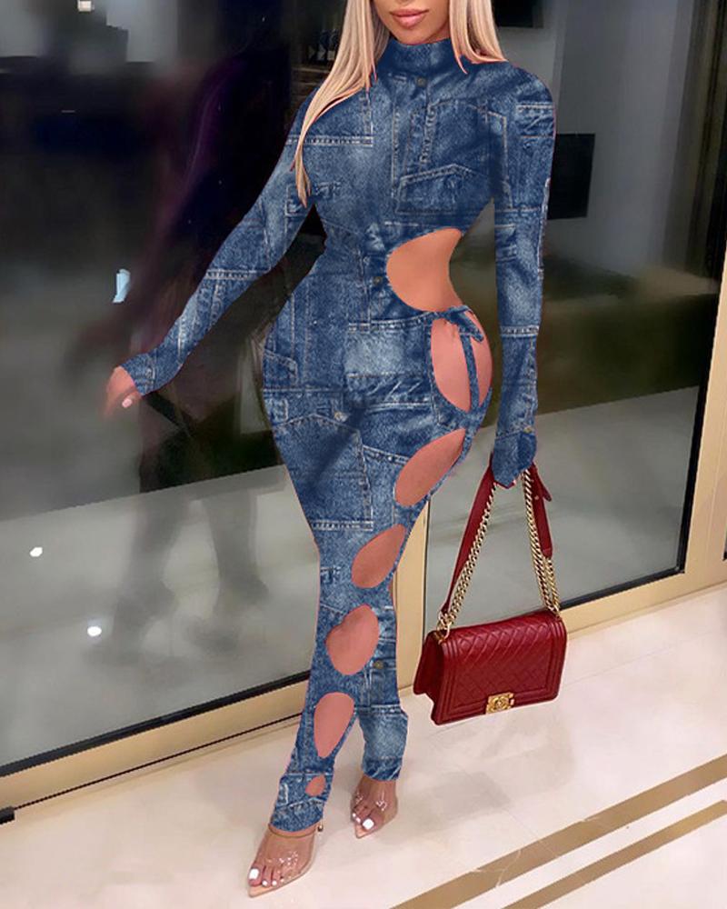 

Denim Look Print Cutout Jumpsuit, Blue