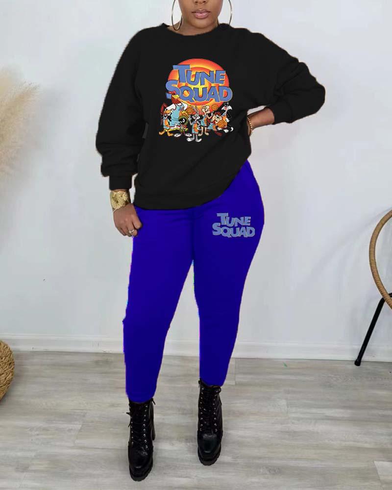 

Plus Size Graphic Letter Print Casual Top & Pants Set, Blue
