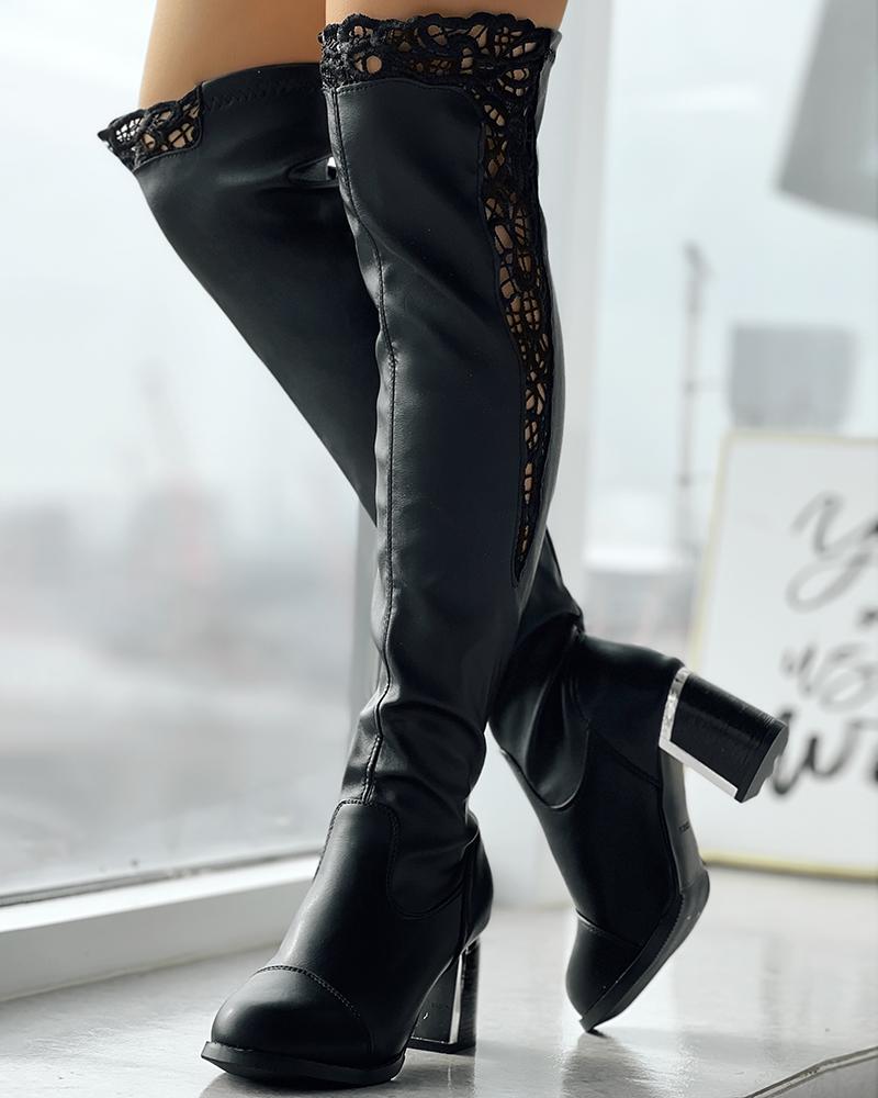 Contrast Lace Chunky Heel Over The Knee Winter Boots