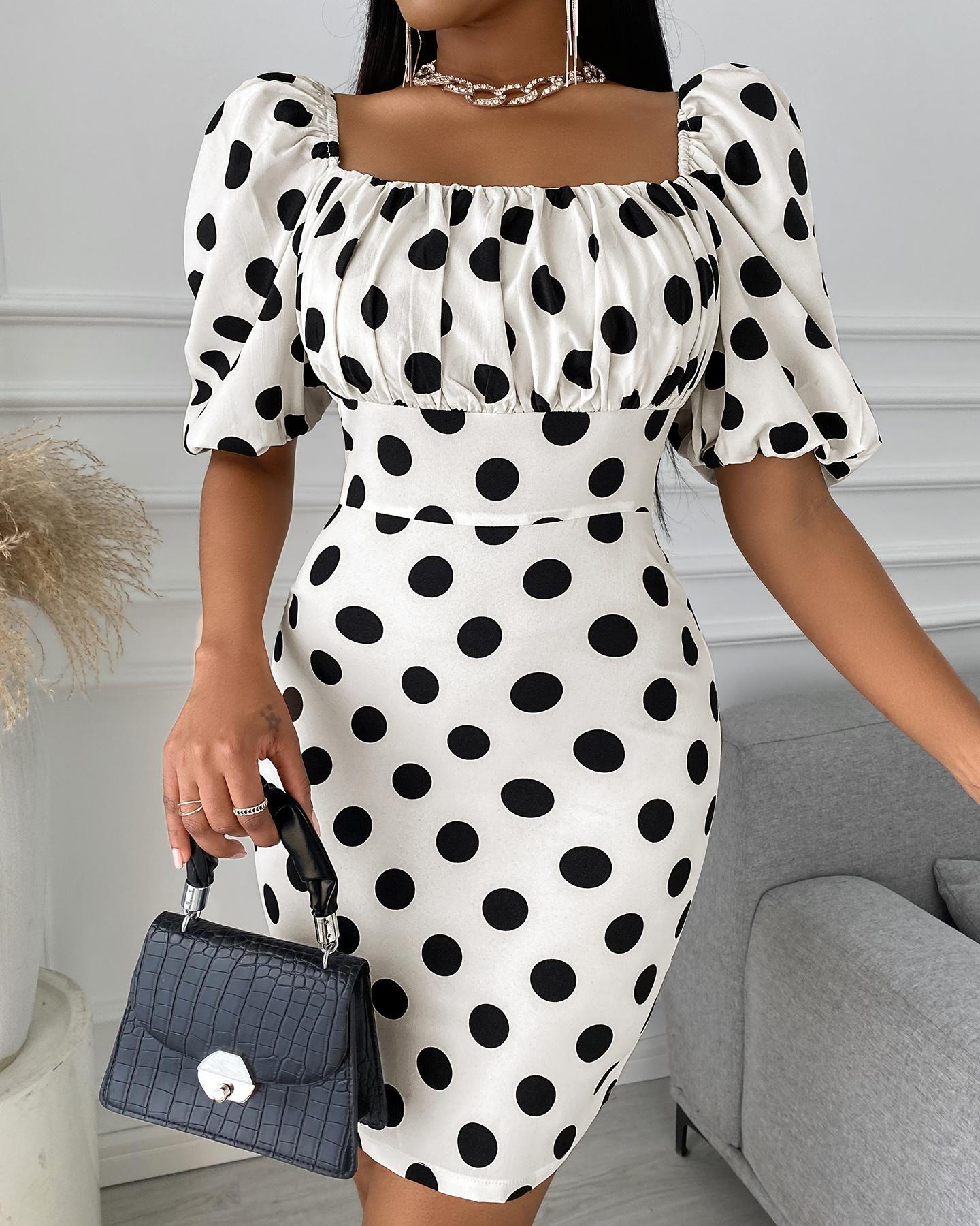 

Polka Dot Puff Sleeve Ruched Bodycon Women Dress, White