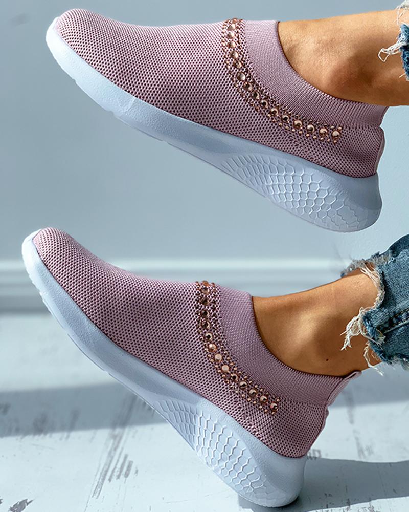 

Beaded Rhinestone Breathable Knit Slip On Sneaker, Pink