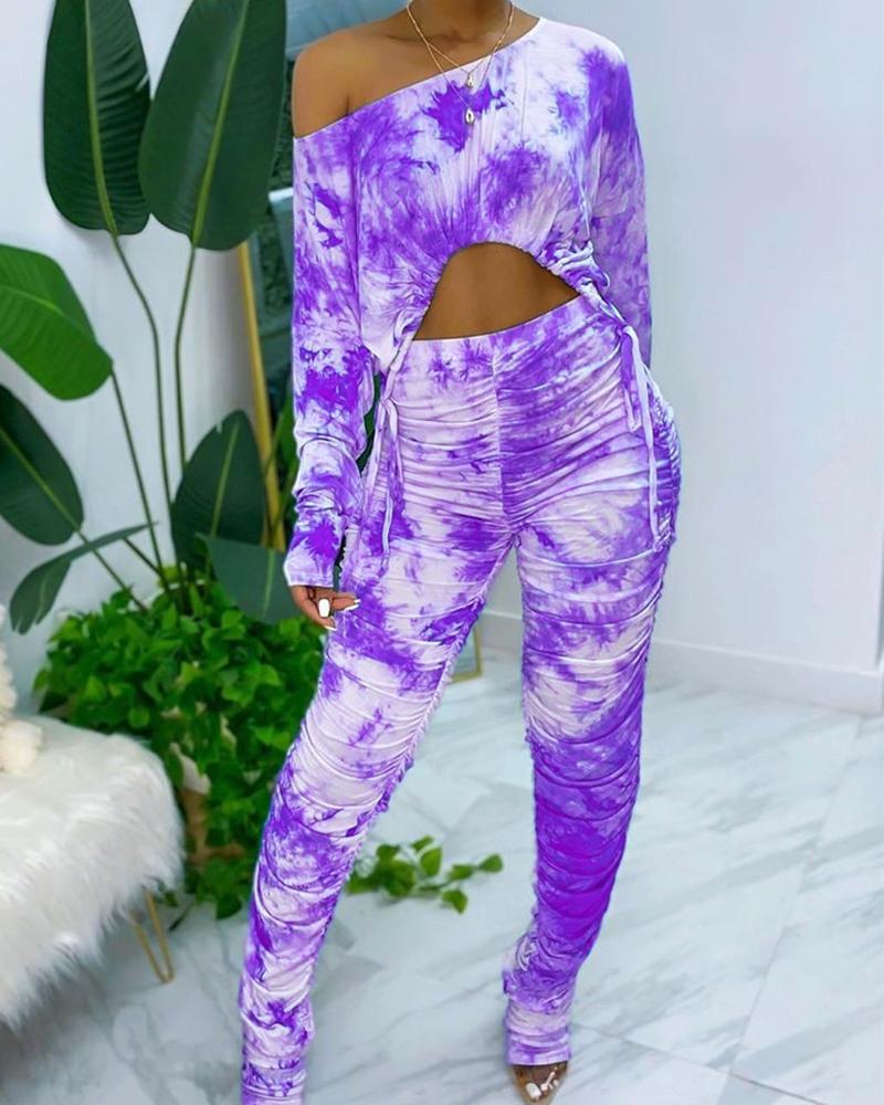 

Tie Dye Long Sleeve Loose Split Hem Suit Sets, Purple