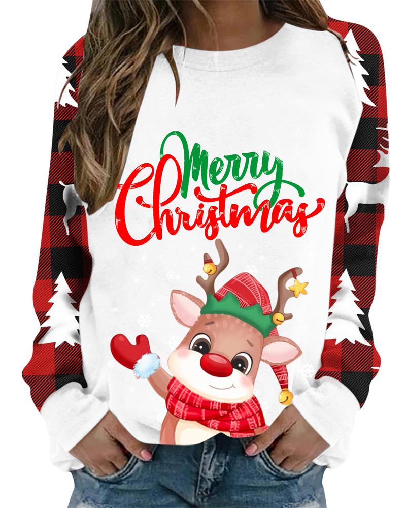 

Christmas Tree Elk Plaid Print Casual Top, White